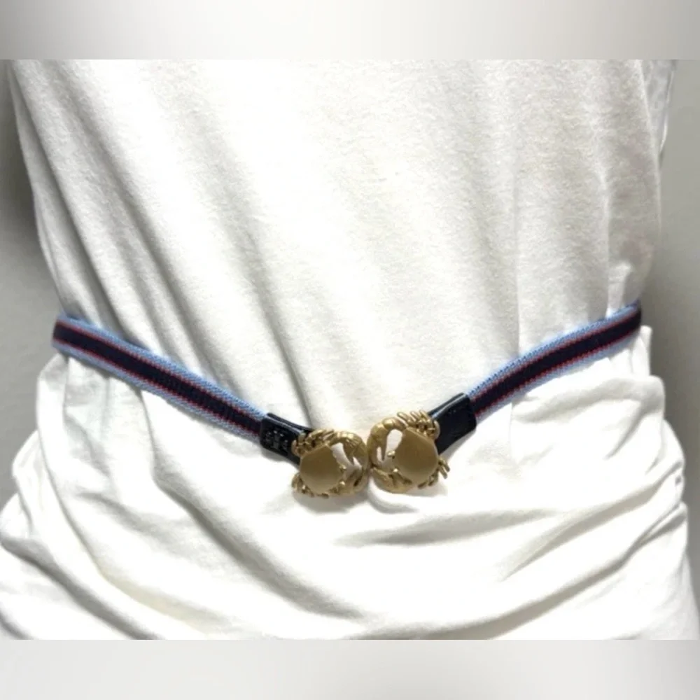 Tory burch Crab Clasp Striped Webbing Skinny Elastic Belt Blue Red